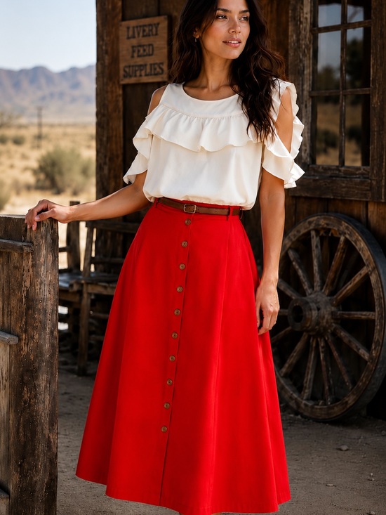 Tulip B Dresses & Skirts - NWT High-Waist Red Button-Front A-Line Midi Skirt With Belt Pockets Lined